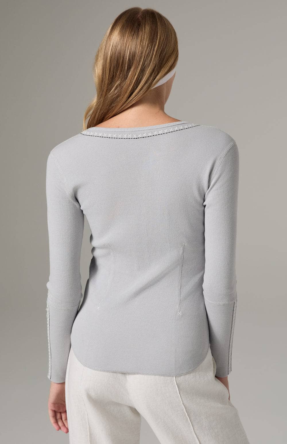 Alp N Rock Lyla Henley Shirt, Women's Silver Grey Long Sleeve Henley Top with Embroidery at the Neckline and Sleeves