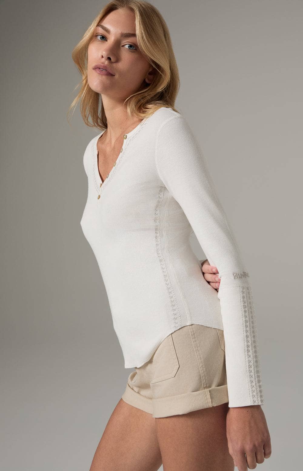 Alp N Rock Lyla Henley Shirt, Women's White Long Sleeve Henley Top with Embroidery at the Neckline and Sleeves