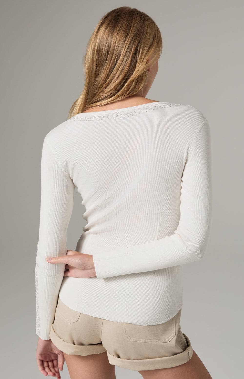 Alp N Rock Lyla Henley Shirt, Women's White Long Sleeve Henley Top with Embroidery at the Neckline and Sleeves