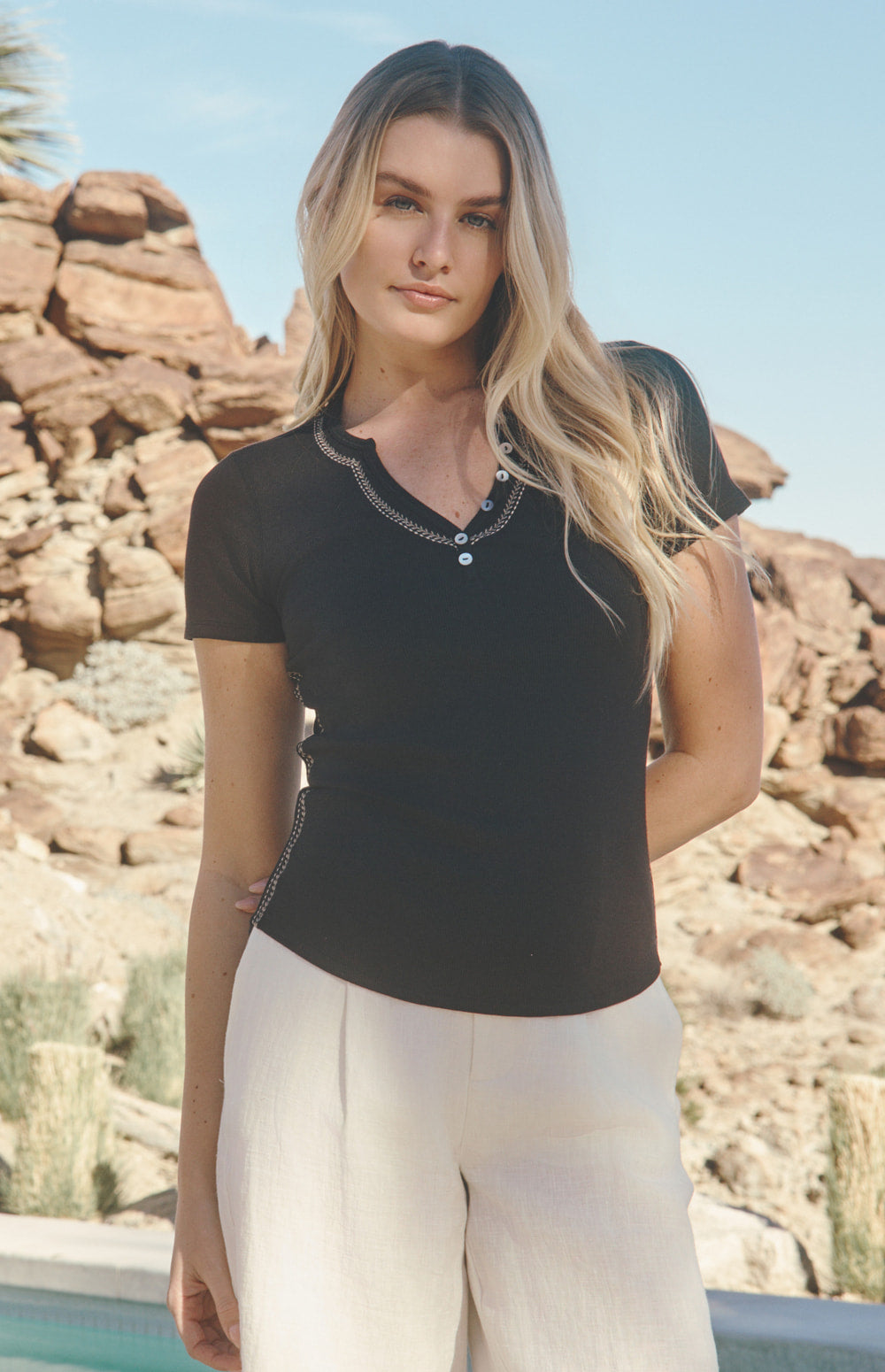 Alp N Rock Maisie Henley Shirt, black short sleeve henley shirt for women with accent stitching at the neckline and bodice