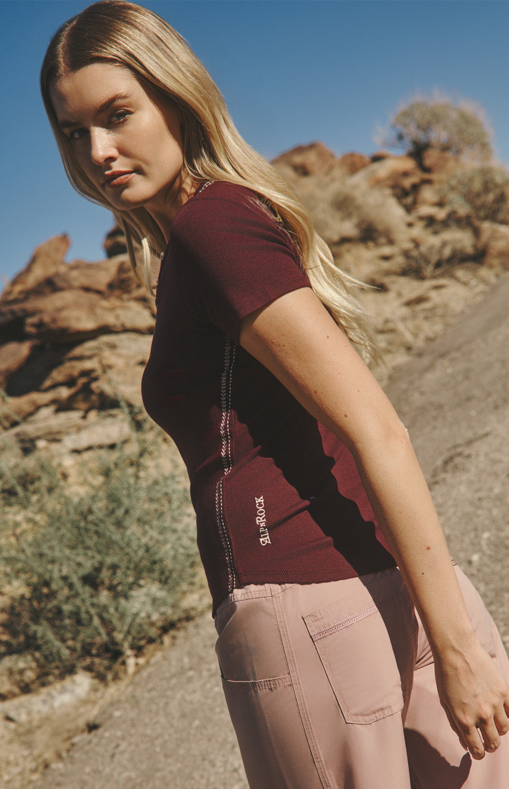 Alp N Rock Maisie Henley Shirt, dark cherry short sleeve henley shirt for women with accent stitching at the neckline and bodice