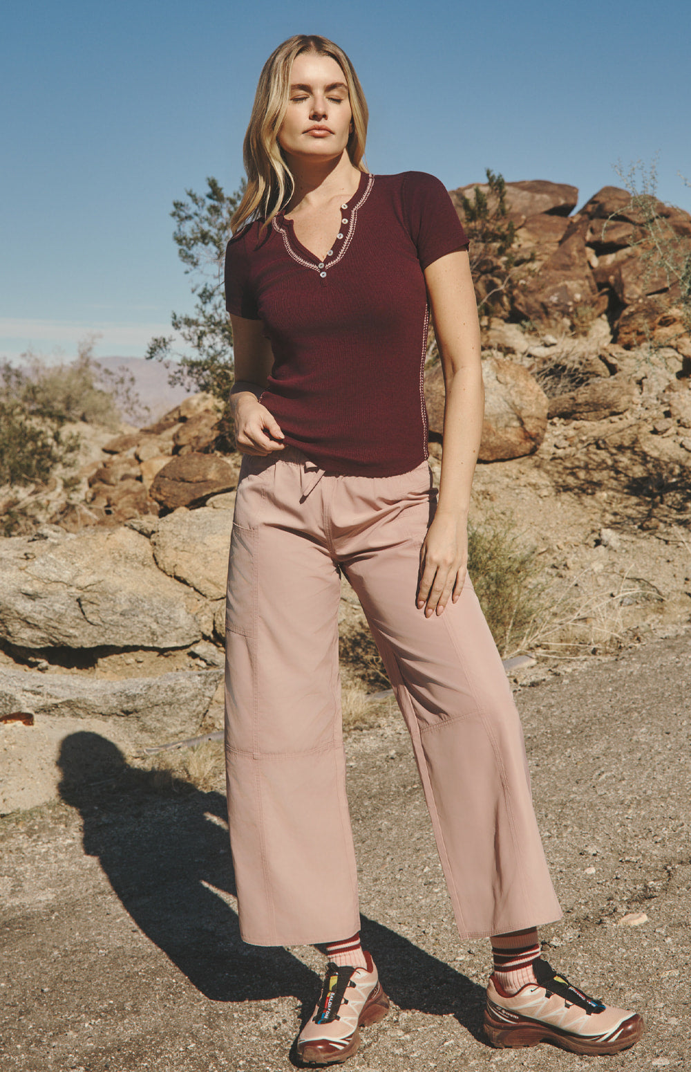 Alp N Rock Maisie Henley Shirt, dark cherry short sleeve henley shirt for women with accent stitching at the neckline and bodice