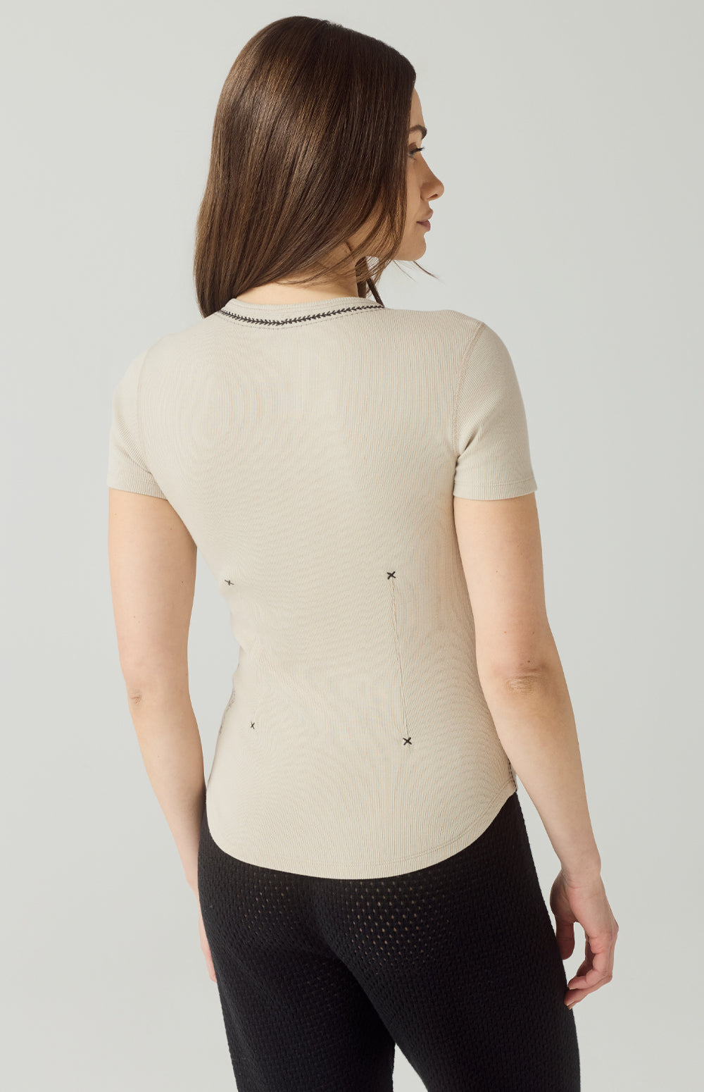 Alp N Rock Maisie Shirt, beige short sleeve henley shirt for women with stitchng detail at the neckline
