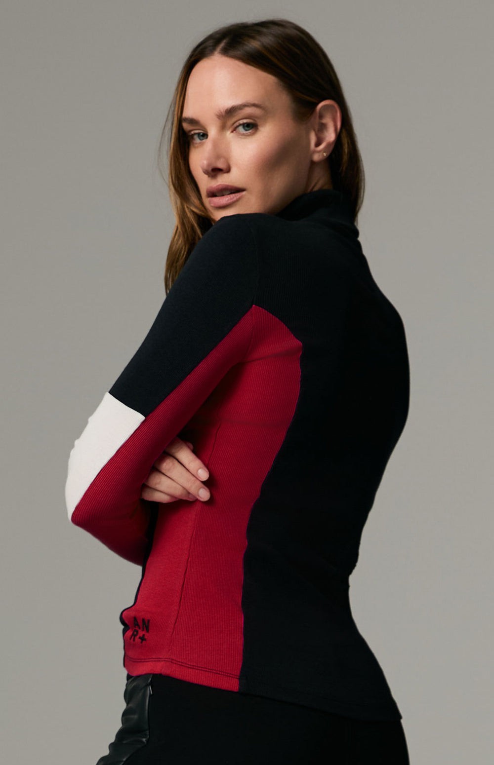 Alp N Rock Meken Shirt, black turtleneck for women with red and white colorblock sleeves