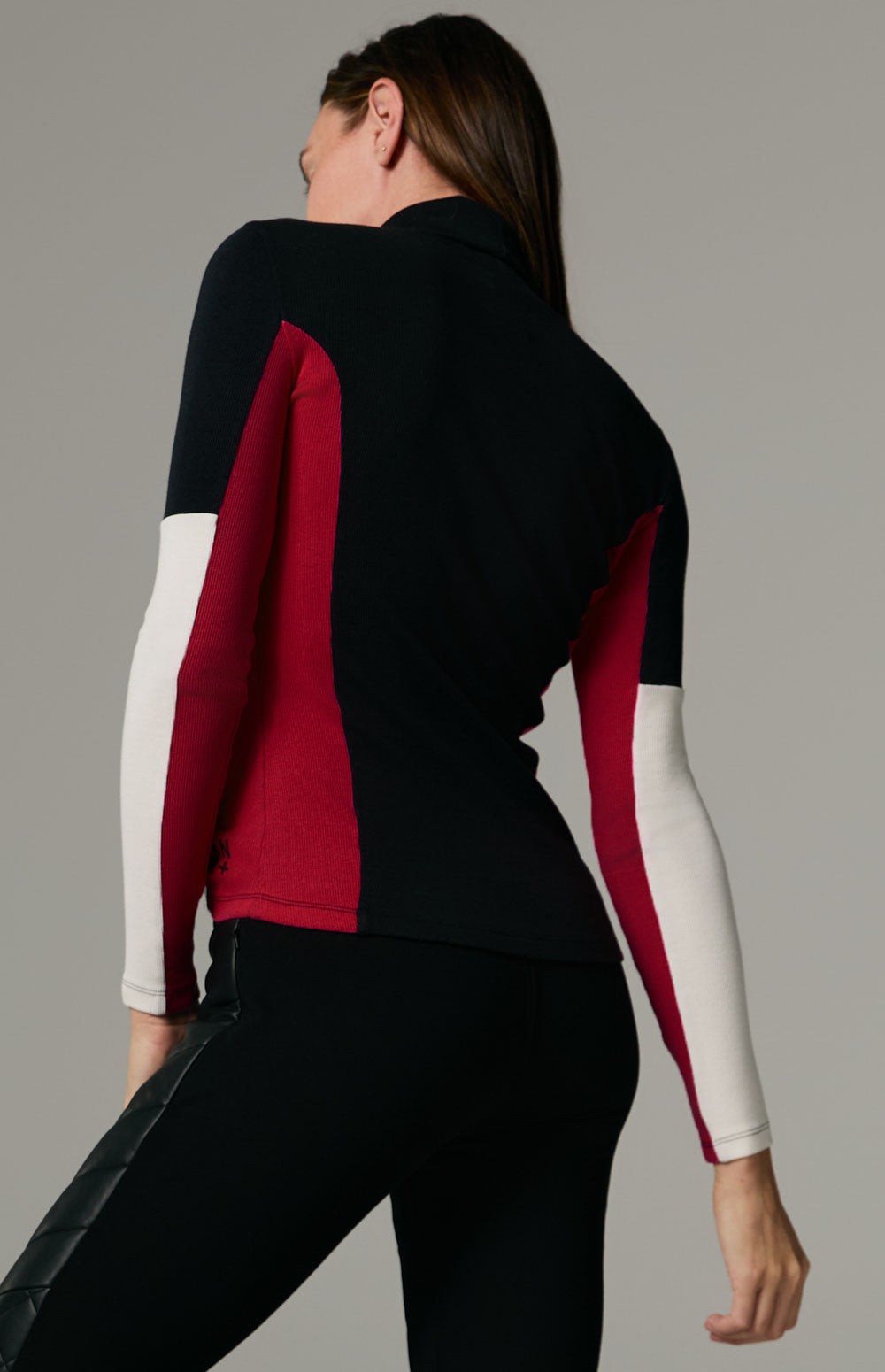 Alp N Rock Meken Shirt, black turtleneck for women with red and white colorblock sleeves