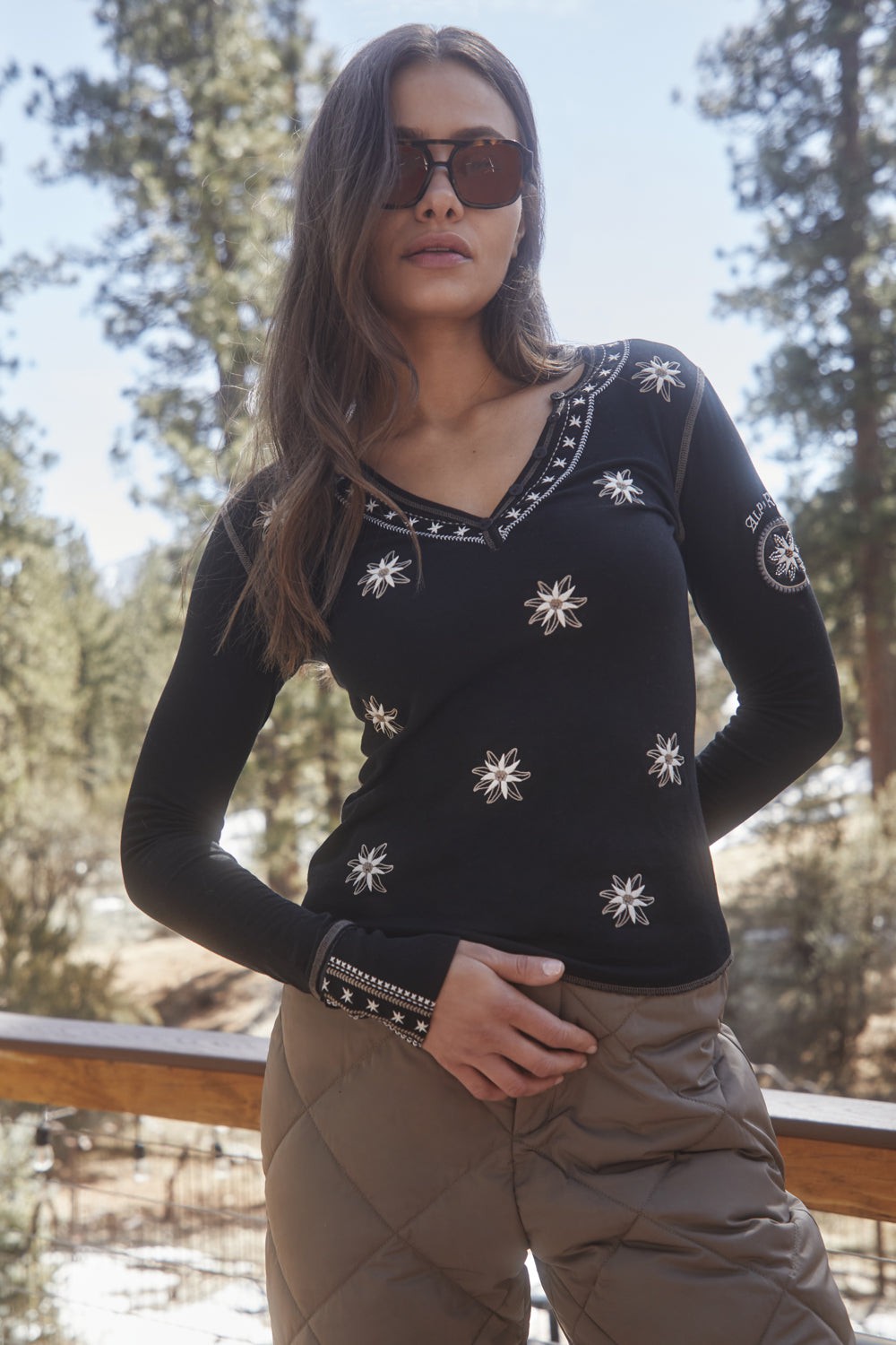 Alp N Rock Natasha Henley Shirt, black longsleeve henley shirt for women with embroidered flowers and stitching