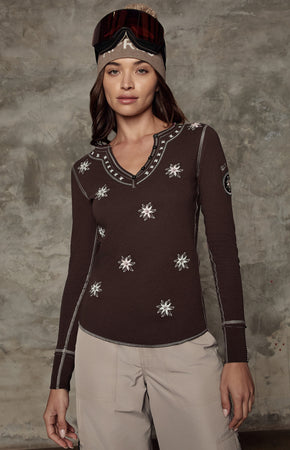 トップス GOOD GRIEF! SFSC PRINTED HENLEY NECK TOP Natasha Henley Shirt, Coffee | Alp N Rock