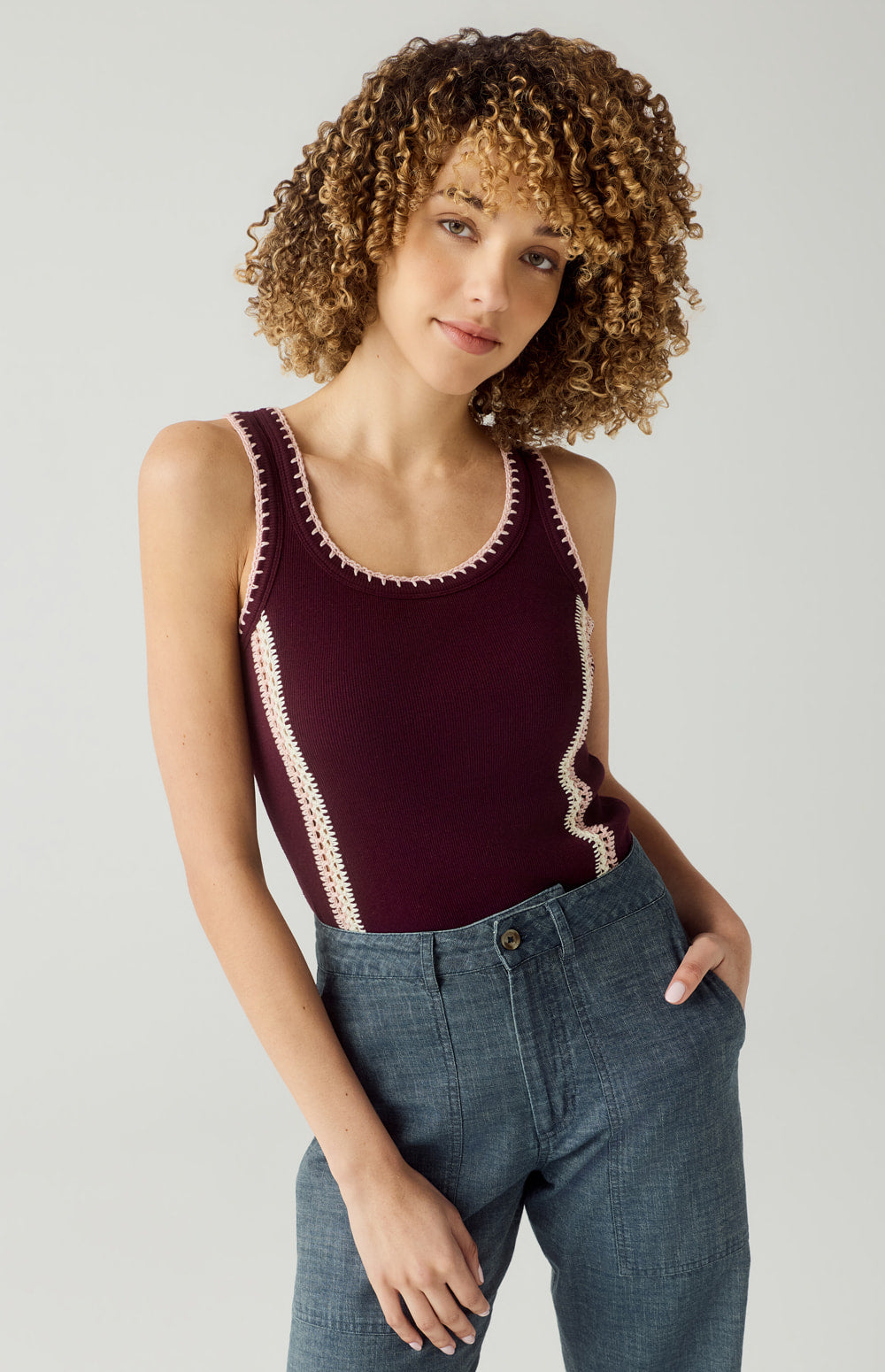 Alp N Rock Presley Tank, dark cherry scoop neck tank top for women with stitch detailing at the neckline and bodice
