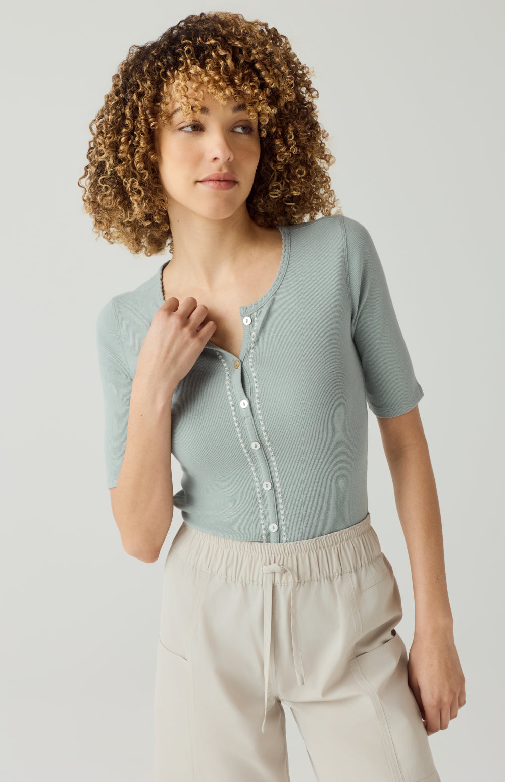 Alp N Rock Rosalia Shirt, silver blue short sleeve henley shirt for women with button front