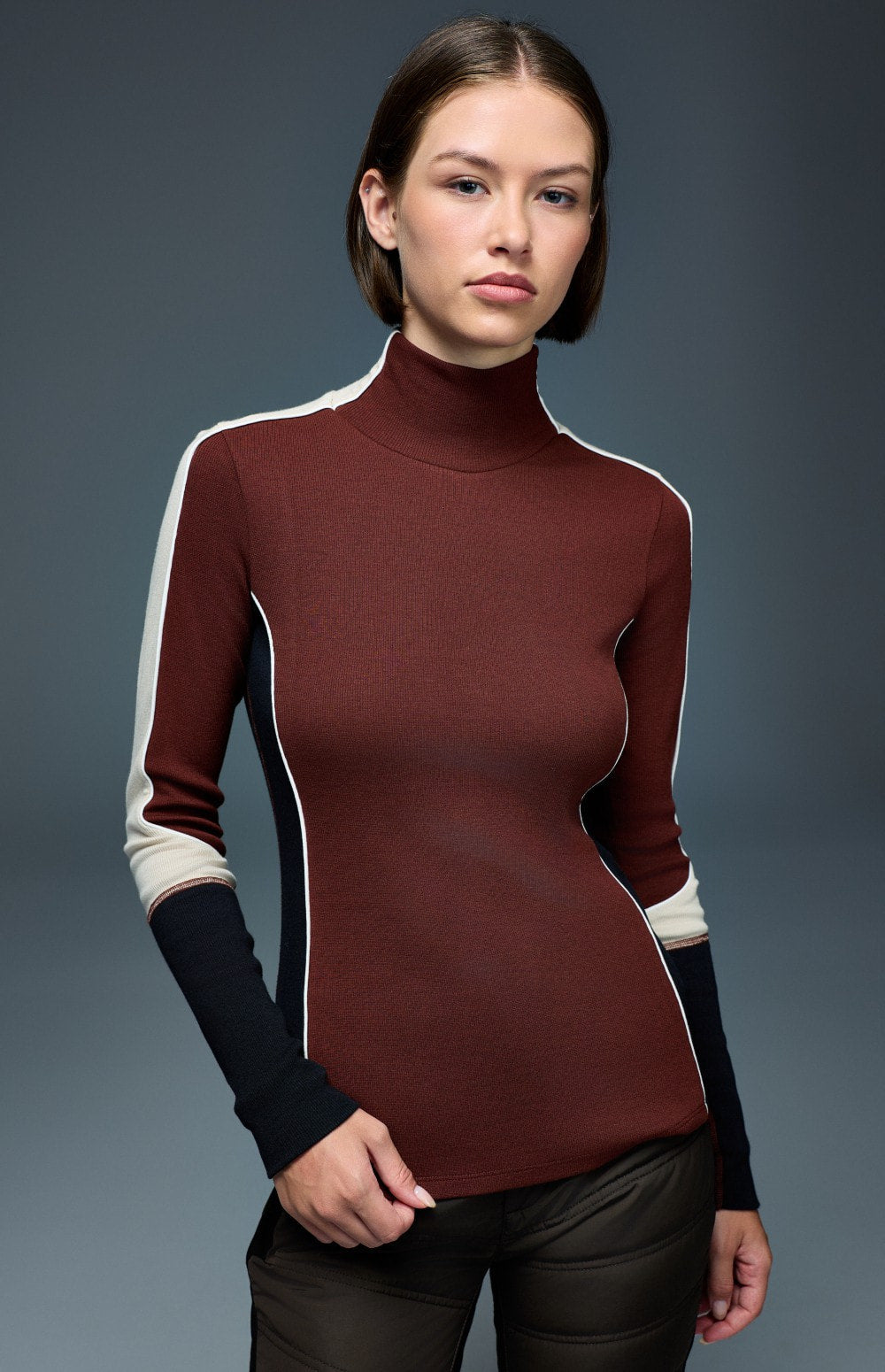 Alp N Rock Savannah Mock Neck, dark red, black, and white longsleeve ski shirt for women