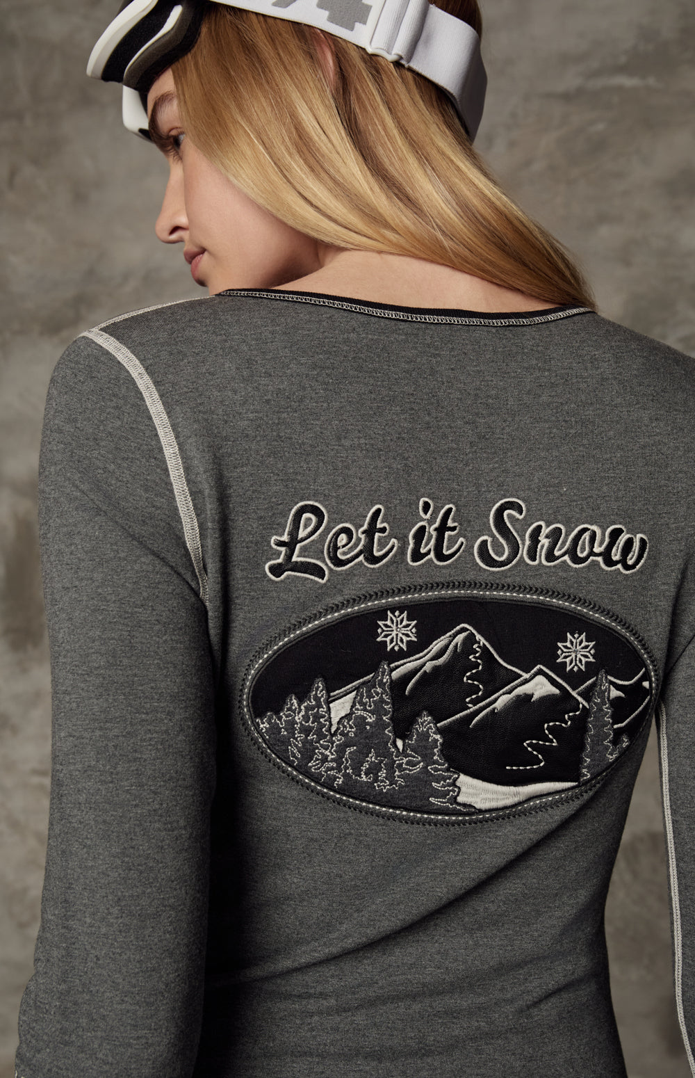 Alp N Rock Shayne Henley Shirt, heather grey longsleeve henley shirt for women with mountain scene applique on the back