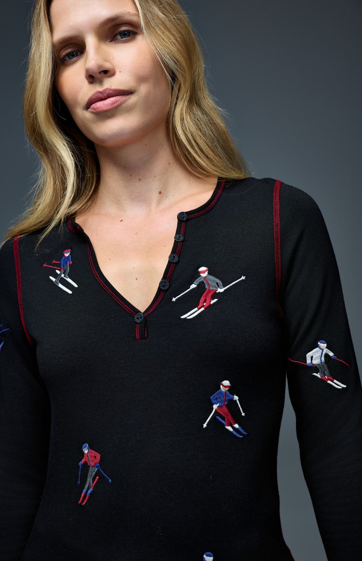 Alp N Rock Slope II Henley Shirt, women's black henley shirt with embroidered skiers all over
