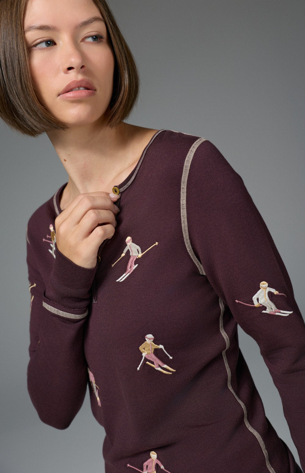 Alp N Rock Slope II Henley Shirt, women's dark red henley shirt with embroidered skiers all over