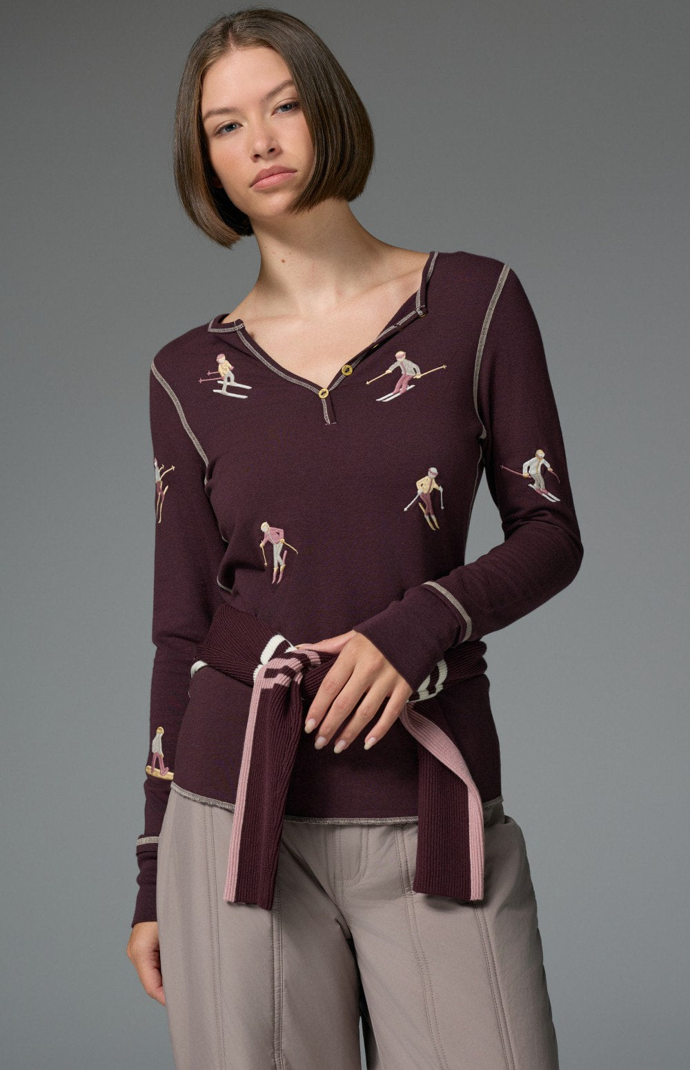 Alp N Rock Slope II Henley Shirt, women's dark red henley shirt with embroidered skiers all over