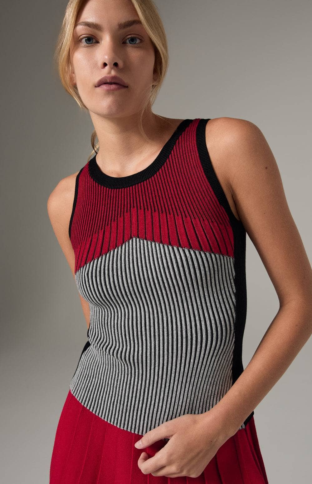 Alp N Rock Tallulah Tank, Women's Ribbed Knit Tank Top with Graphic Pattern in Red, Grey, and Black