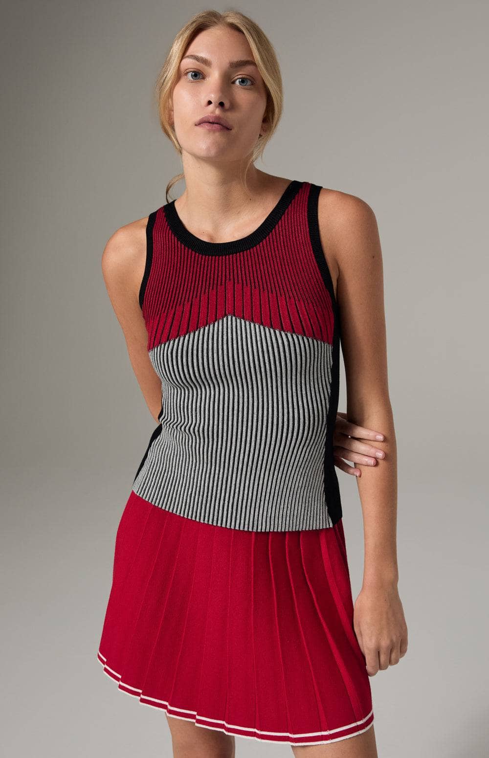 Alp N Rock Tallulah Tank, Women's Ribbed Knit Tank Top with Graphic Pattern in Red, Grey, and Black