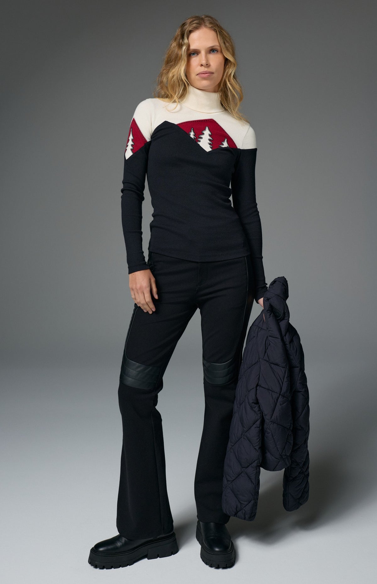 Alp N Rock Tracy Mountain Turtleneck, women's black, white, and red longsleeve ski turtleneck with Alps detailing