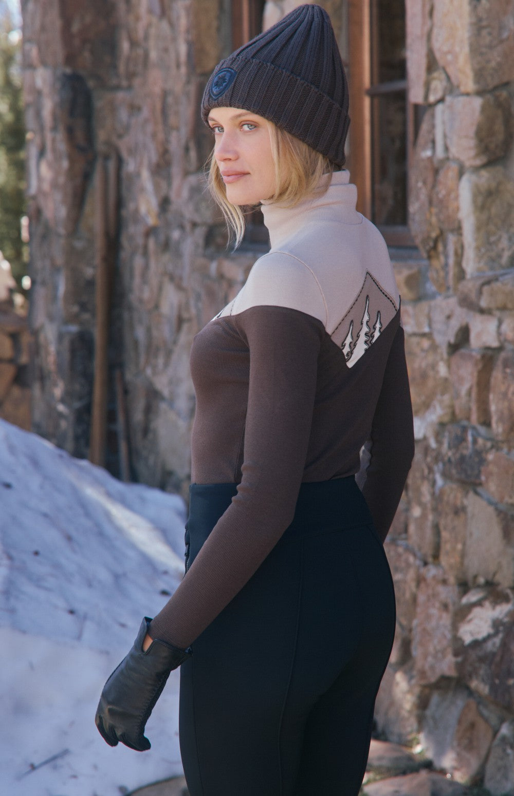 Alp N Rock Tracy Mountain Turtleneck, women's dark brown longsleeve ski turtleneck with Alps detailing