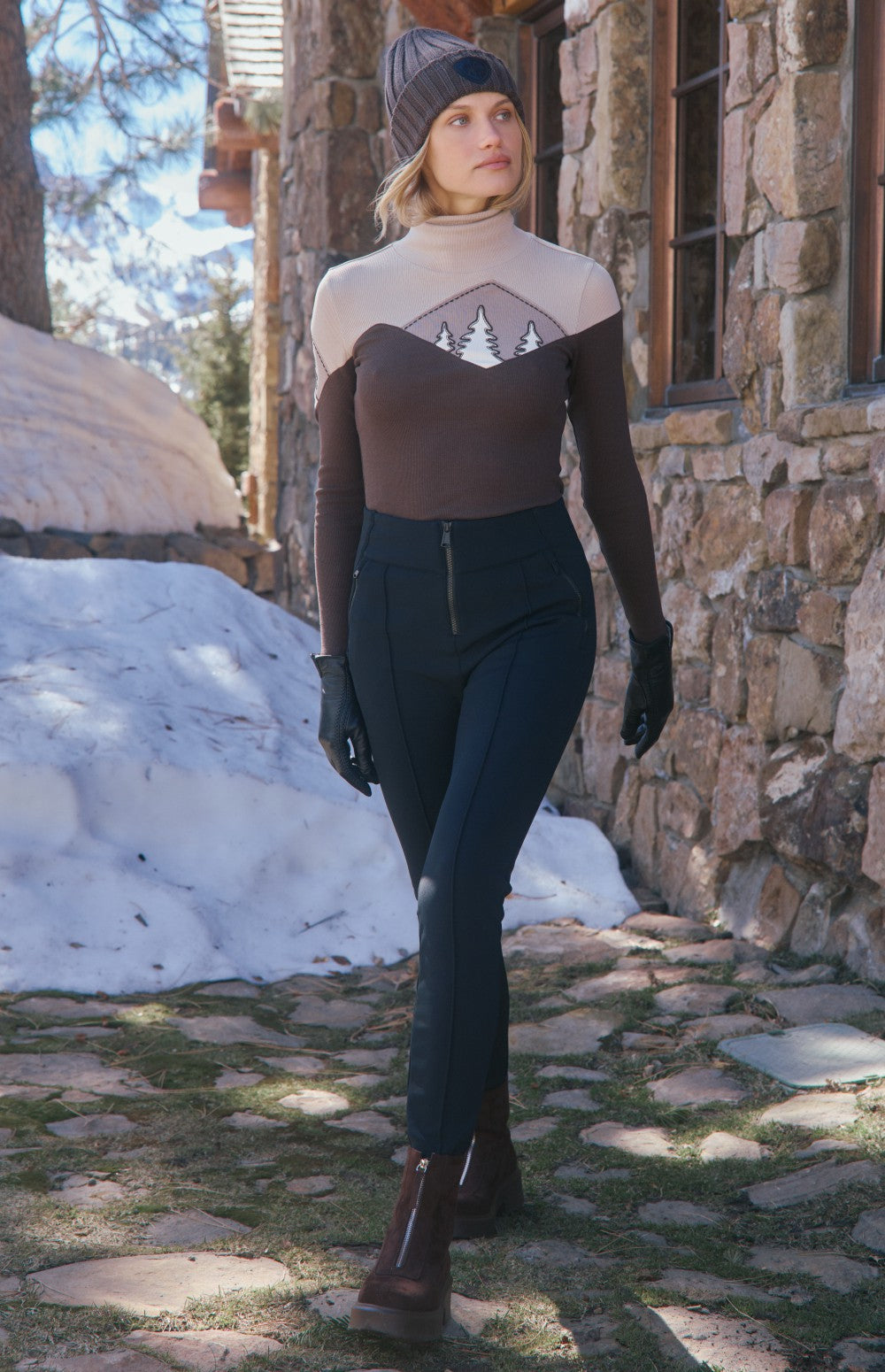 Alp N Rock Tracy Mountain Turtleneck, women's dark brown longsleeve ski turtleneck with Alps detailing