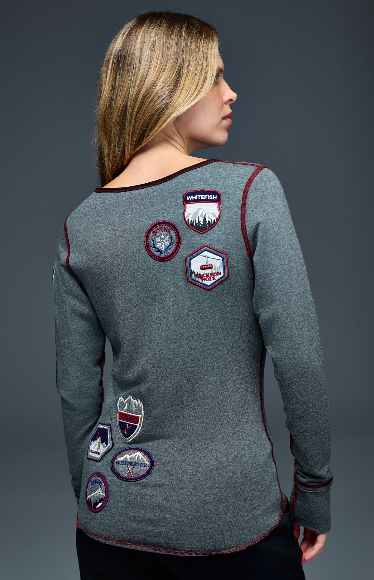 Alp N Rock USA Resorts Henley Shirt, heather grey longsleeve henley shirt with red lining and ski patches all over
