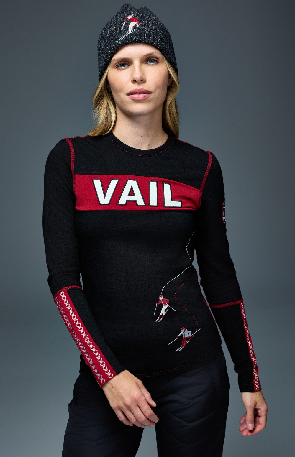 Alp N Rock Vail Ski Crew, black and red longsleeve ski shirt for women with embroidered skiers and Vail lettering