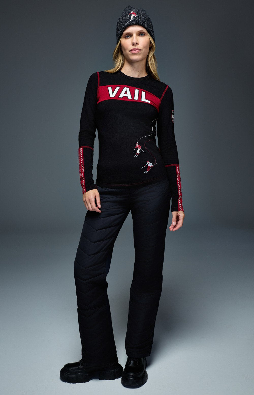 Alp N Rock Vail Ski Crew, black and red longsleeve ski shirt for women with embroidered skiers and Vail lettering