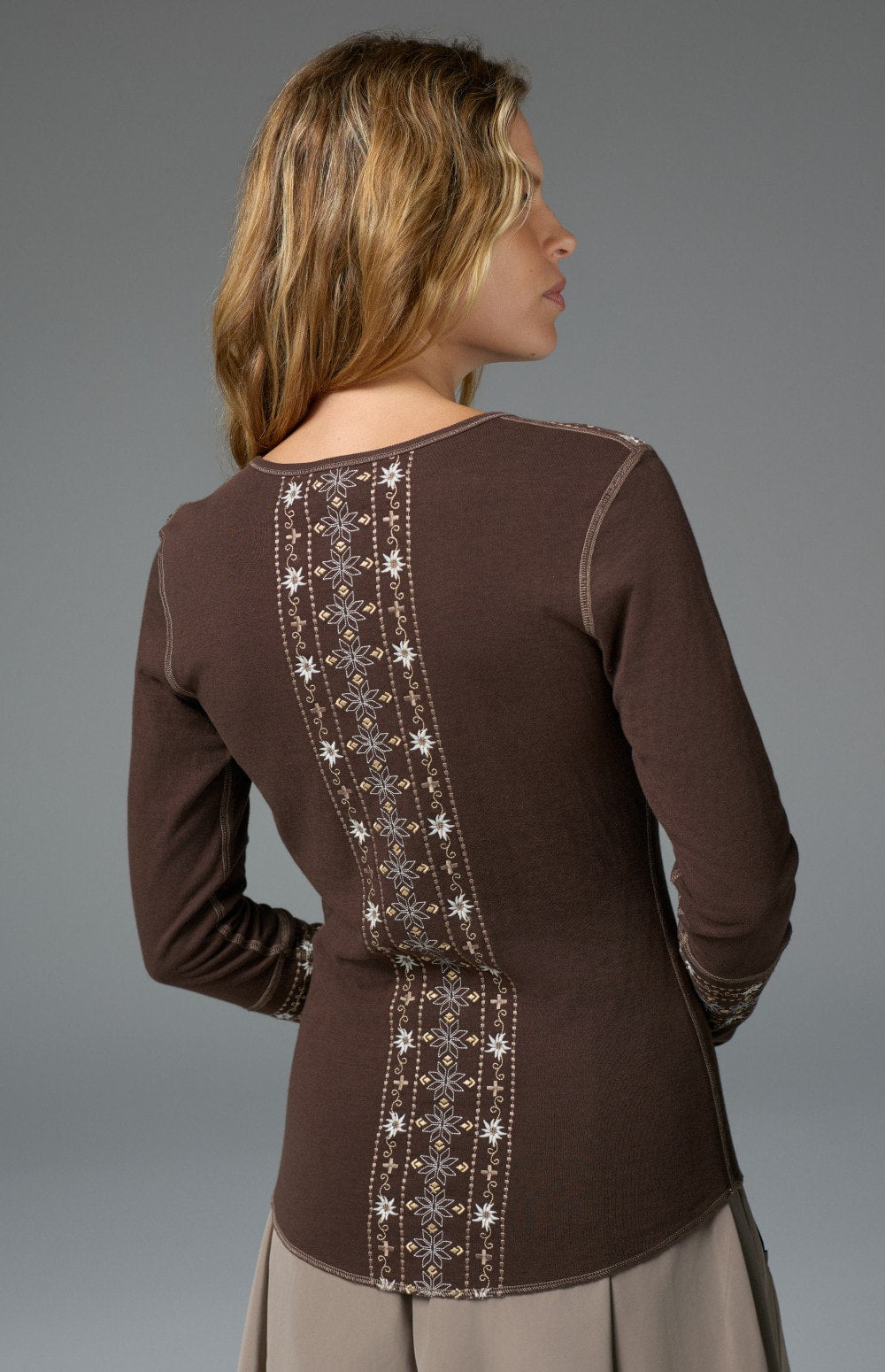 Alp N Rock Vintage Cross Ski Henley Shirt, women's dark brown longsleeve henley shirt with embroidered details