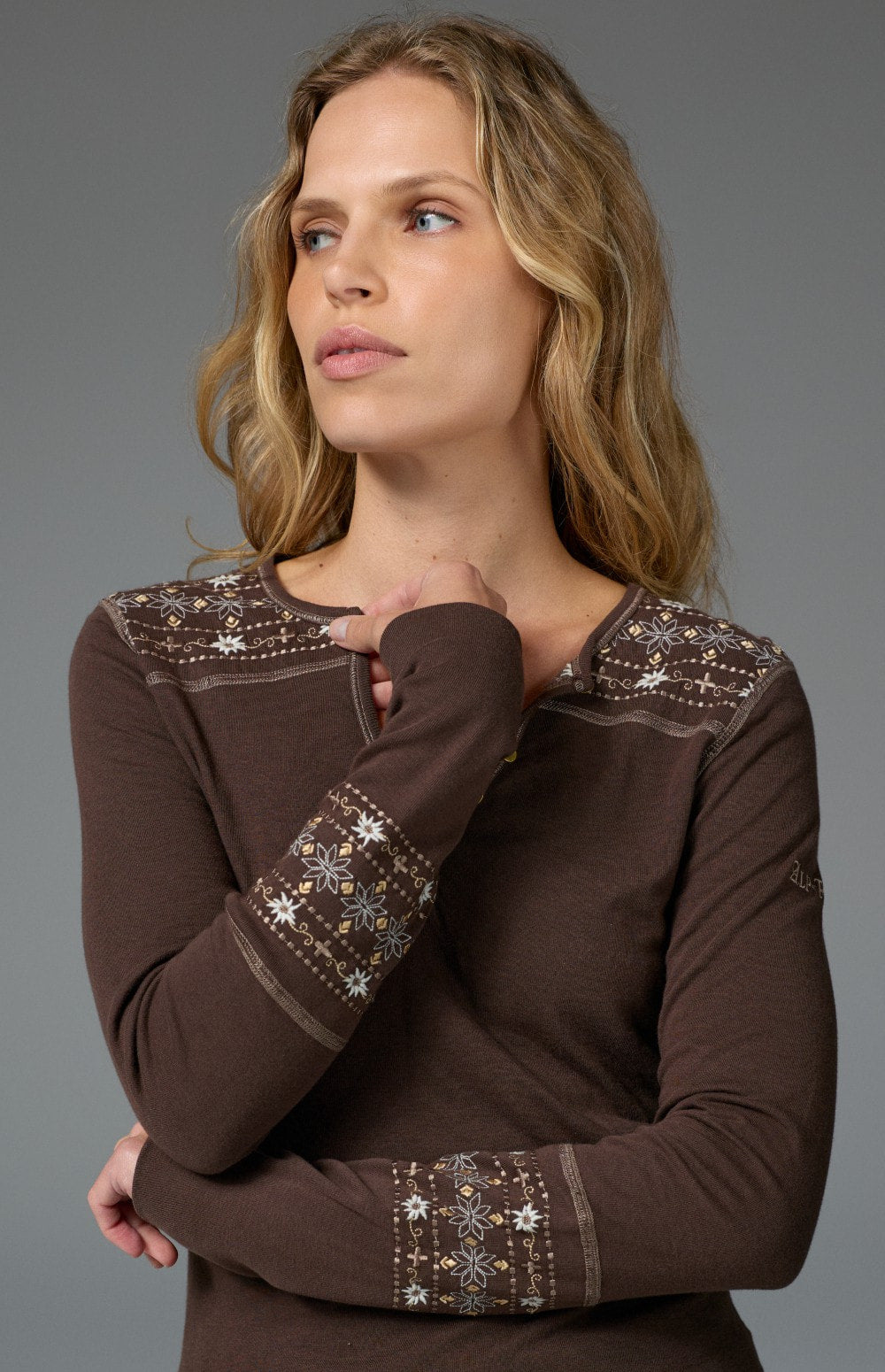 Alp N Rock Vintage Cross Ski Henley Shirt, women's dark brown longsleeve henley shirt with embroidered details