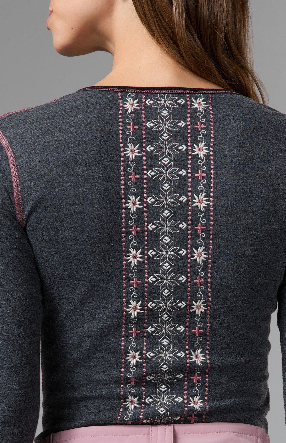 Alp N Rock Vintage Cross Ski Henley Shirt, heather black longsleeve henley shirt for women with embroidered flowers at the shoulders and sleeves
