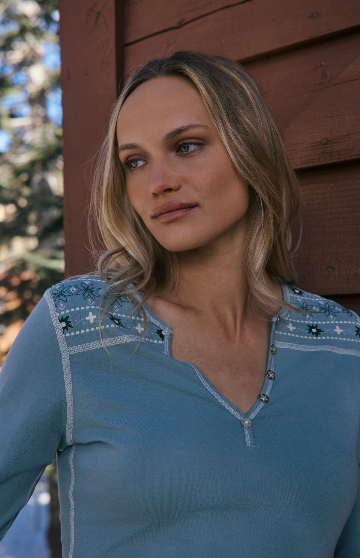 Vintage Cross Ski Henley Shirt, Silver Blue | Alp N Rock Alp N Rock Womens Shirt Vintage Cross Ski Henley Shirt | Silver Blue