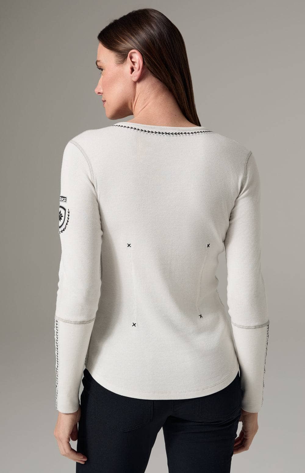 Alp N Rock Winowa Henley, Women's White Henley Shirt with Black Stitching Detail at the Neckline, Sleeves, and Bodice