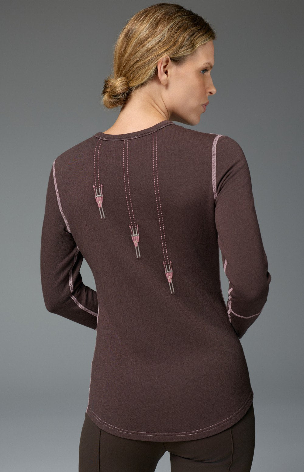 Alp N Rock Zermatt Ski Crew, women's brown and pink longsleeve ski crew with embroidered skiers and Zermatt lettering on chest