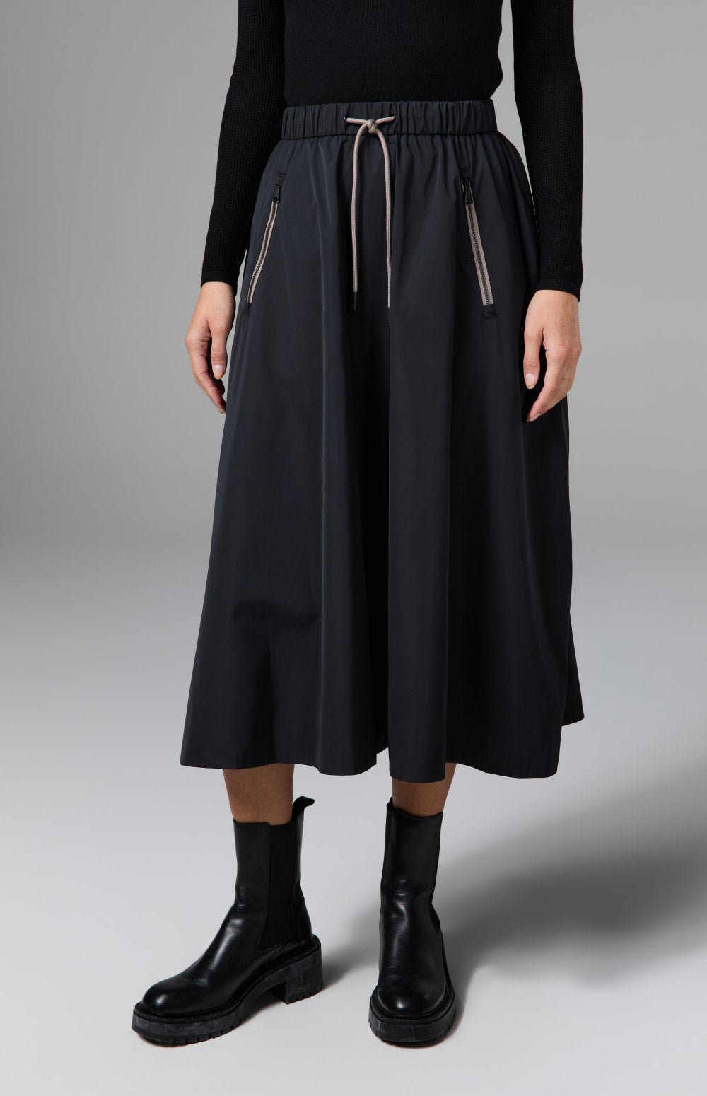 Alp N Rock Chelsea Gathered Midi Skirt, black mid length skirt for women