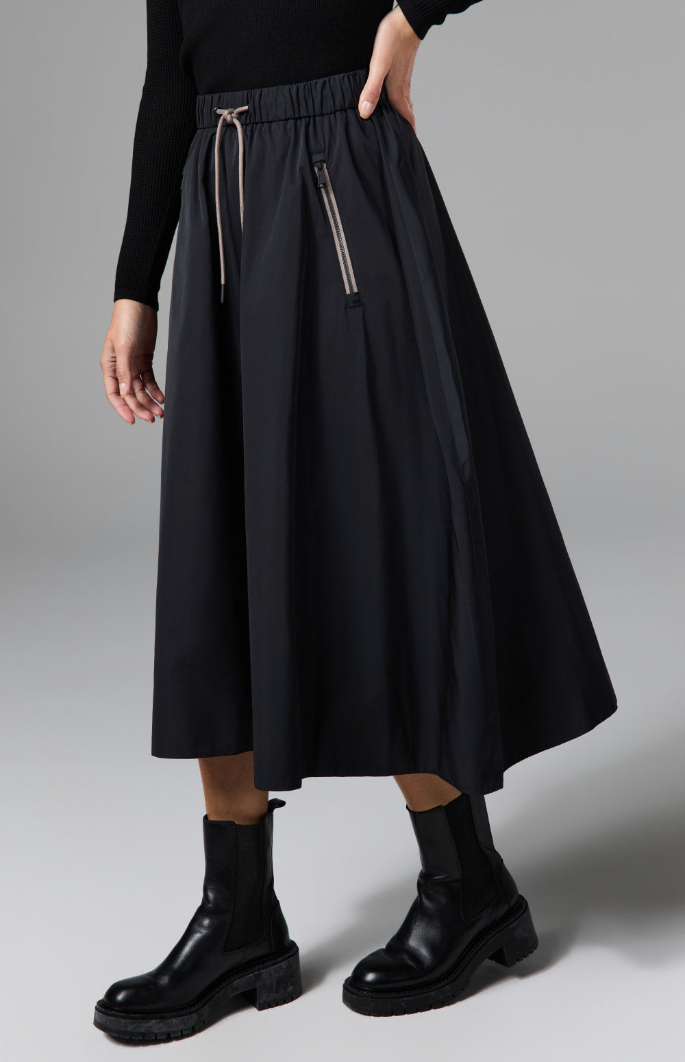 Alp N Rock Chelsea Gathered Midi Skirt, black mid length skirt for women