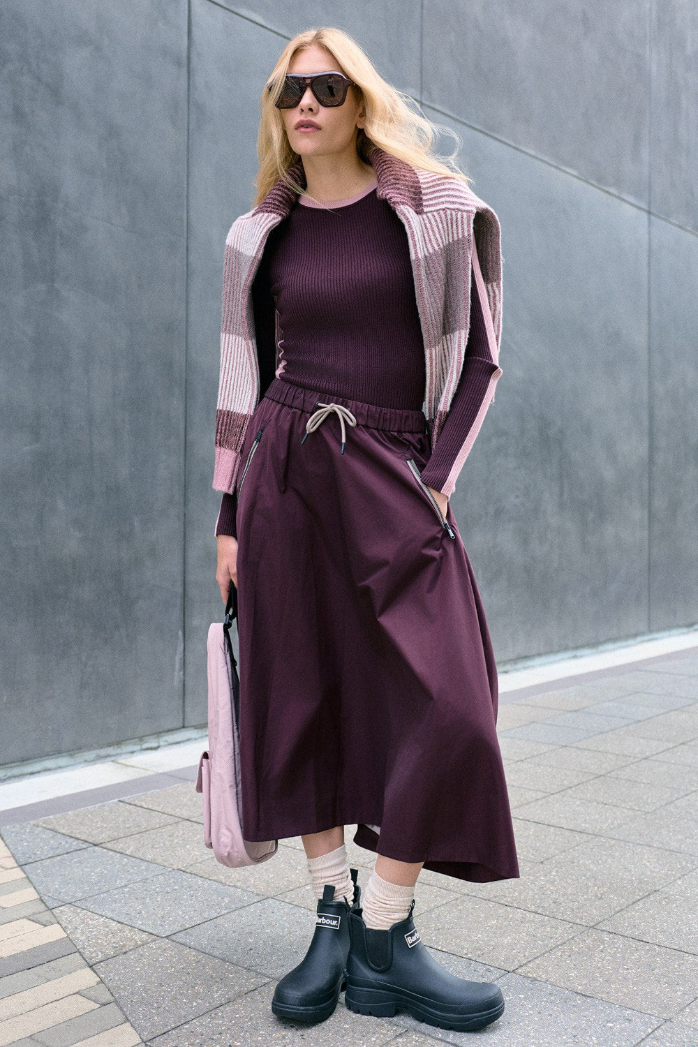 Alp N Rock Chelsea Gathered Midi Skirt, dark red mid length skirt with adjustable waist for women