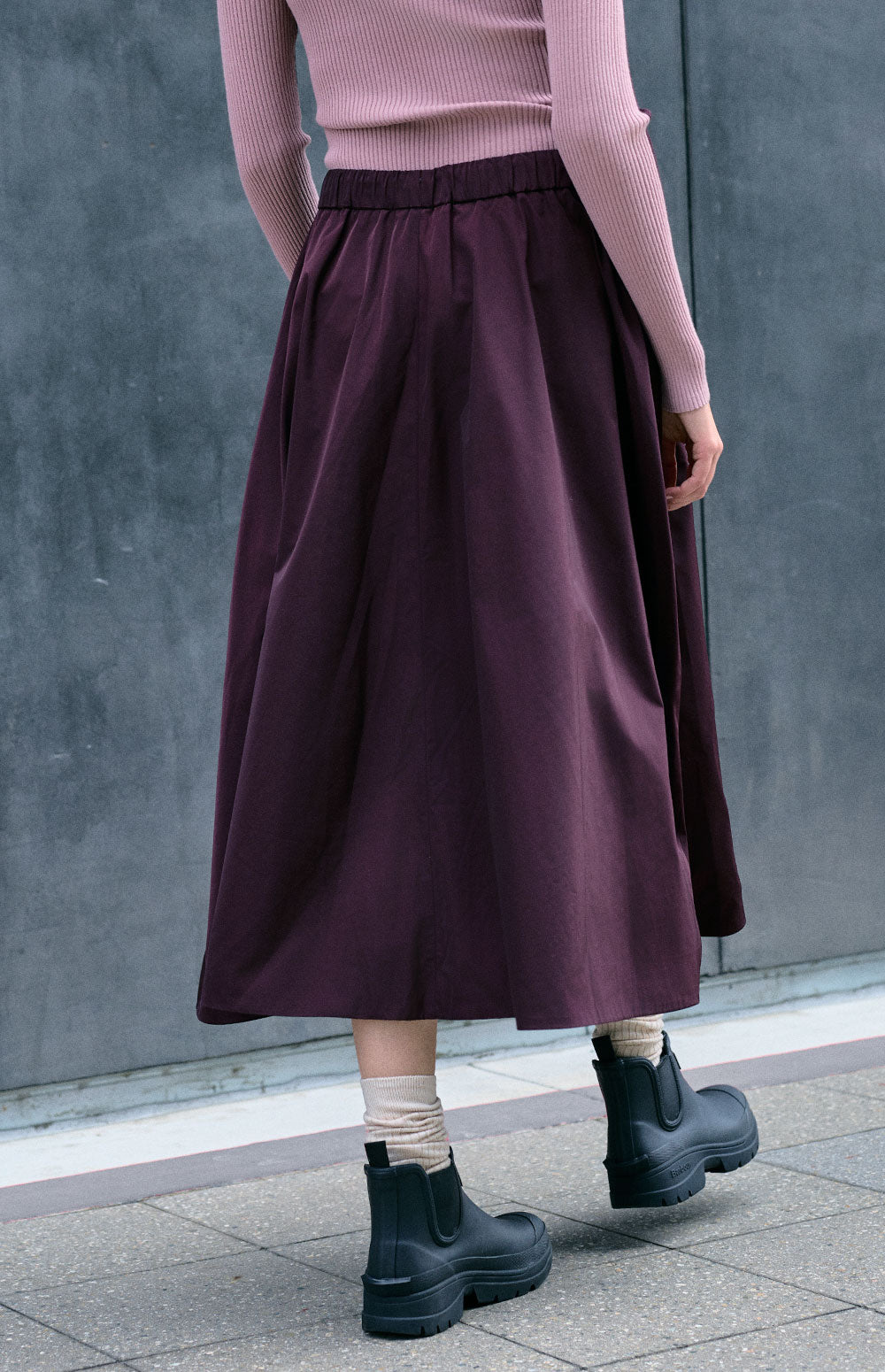 Alp N Rock Chelsea Gathered Midi Skirt, dark red mid length skirt with adjustable waist for women