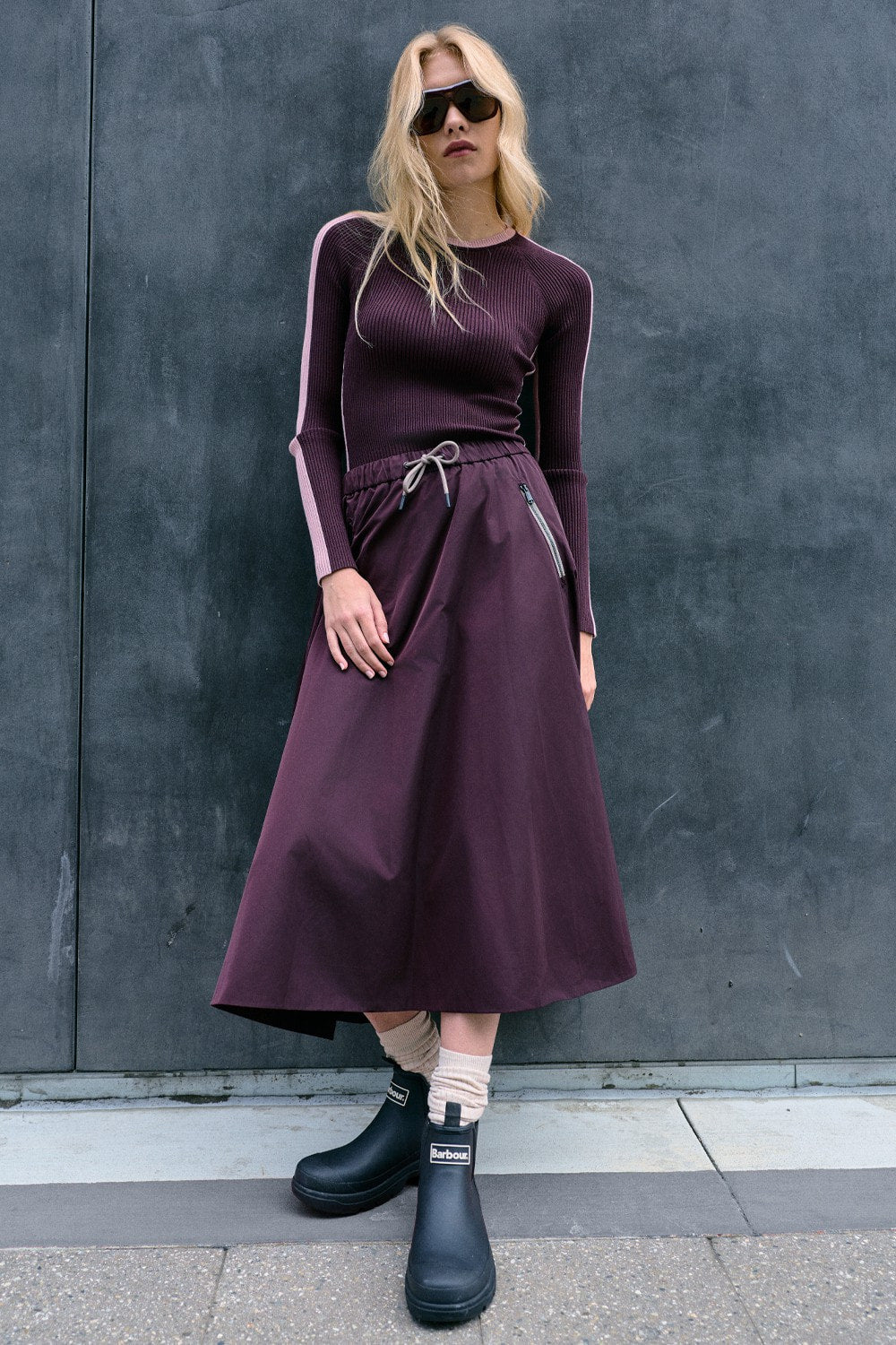 Alp N Rock Chelsea Gathered Midi Skirt, dark red mid length skirt with adjustable waist for women
