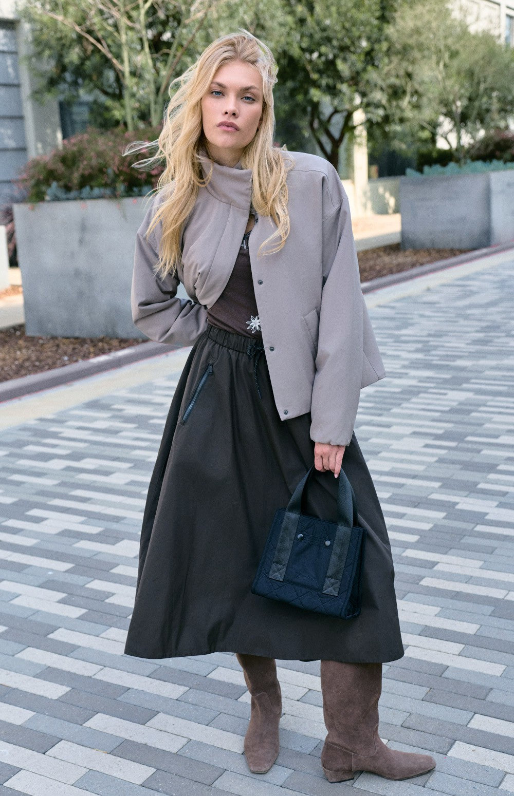 Alp N Rock Chelsea Gathered Midi Skirt, dark brown mid length skirt for women