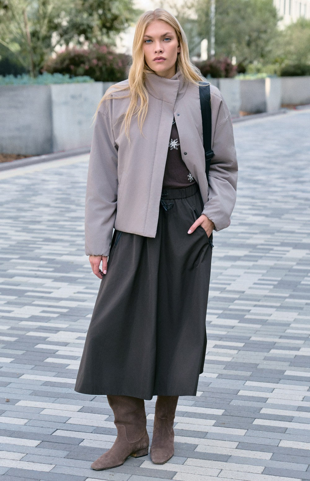 Alp N Rock Chelsea Gathered Midi Skirt, dark brown mid length skirt for women