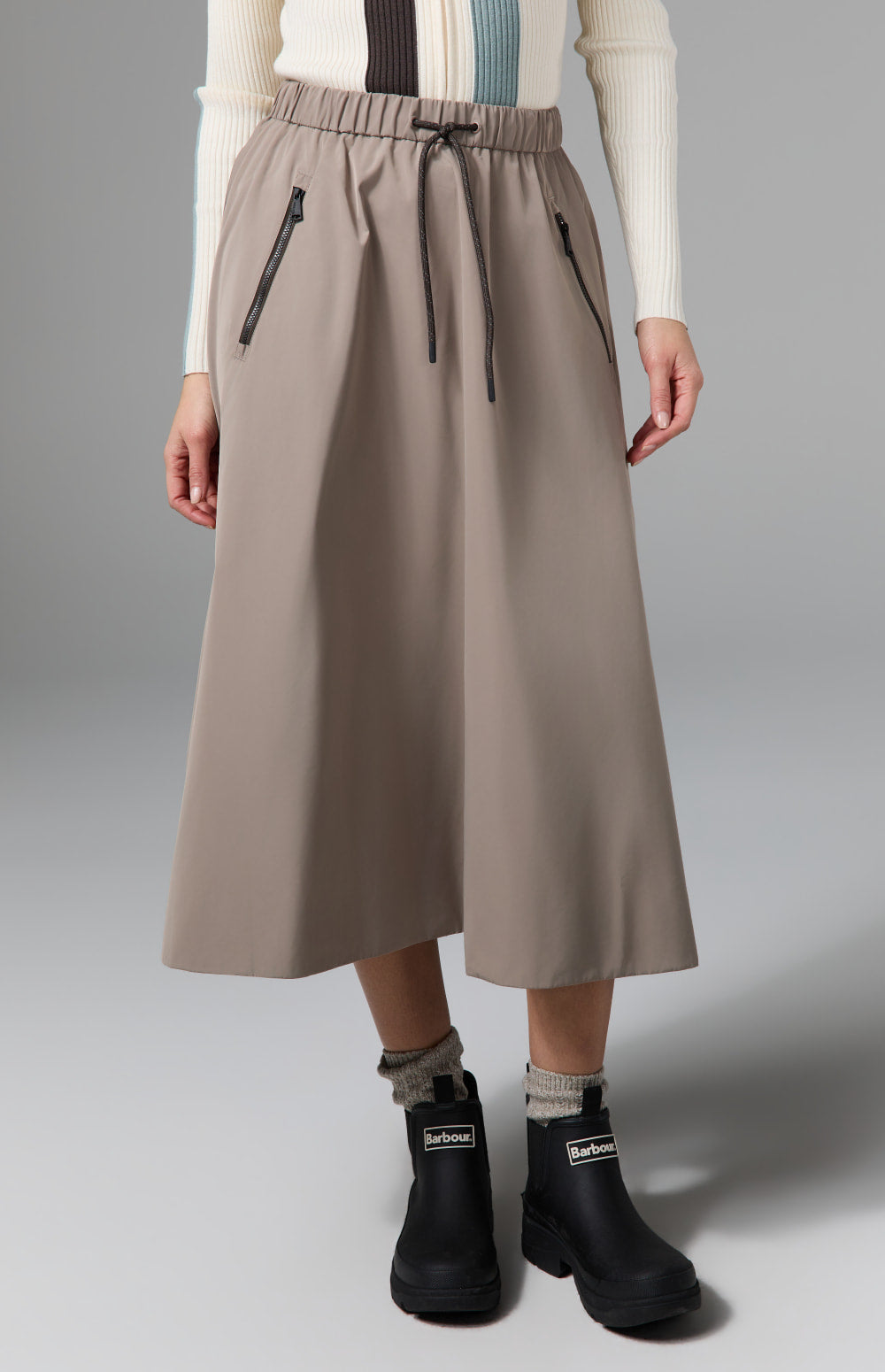 Alp N Rock Chelsea Gathered Midi Skirt, taupe mid length skirt for women