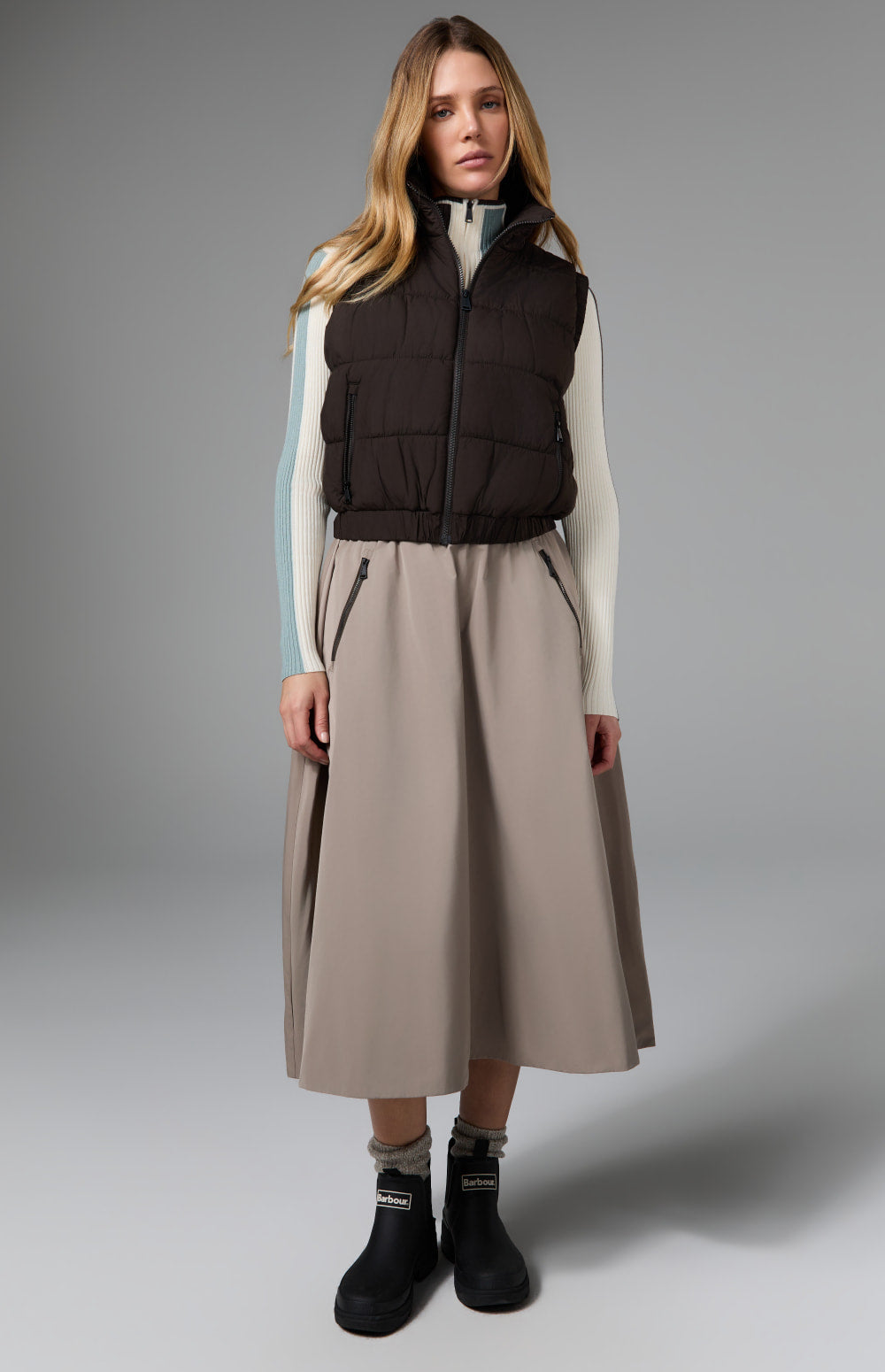 Alp N Rock Chelsea Gathered Midi Skirt, taupe mid length skirt for women