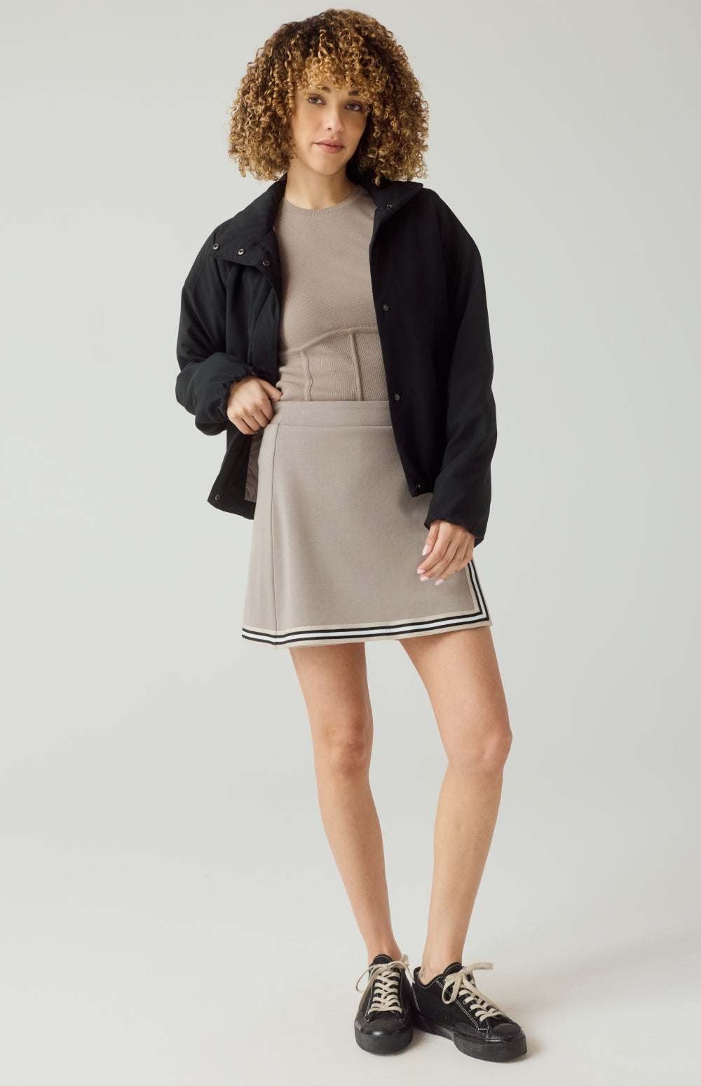 Alp N Rock Eloise Skirt, taupe mini skirt for women with stripe trim