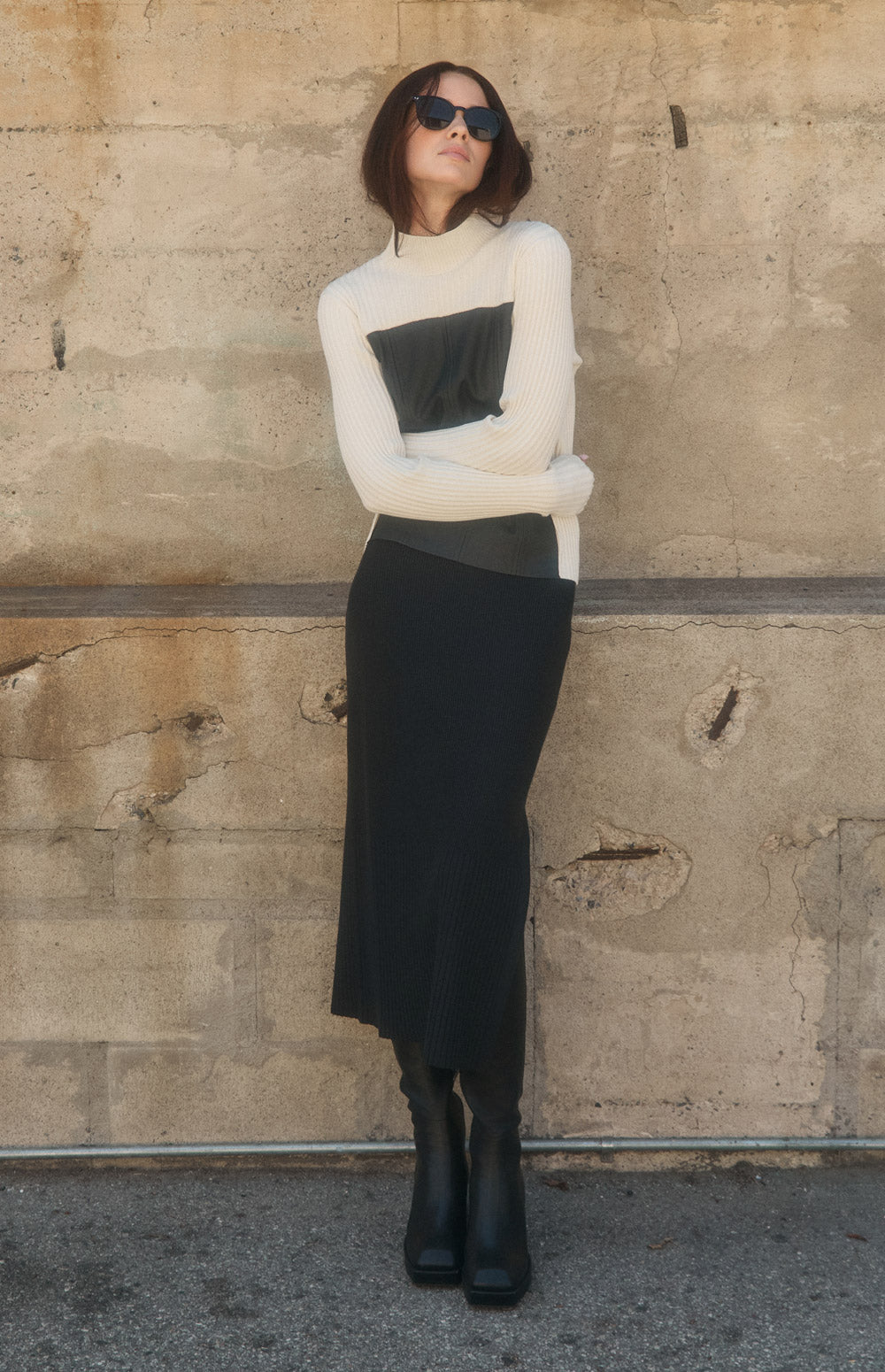 Alp N Rock Ida Skirt, black ribbed knit midi skirt with side slit