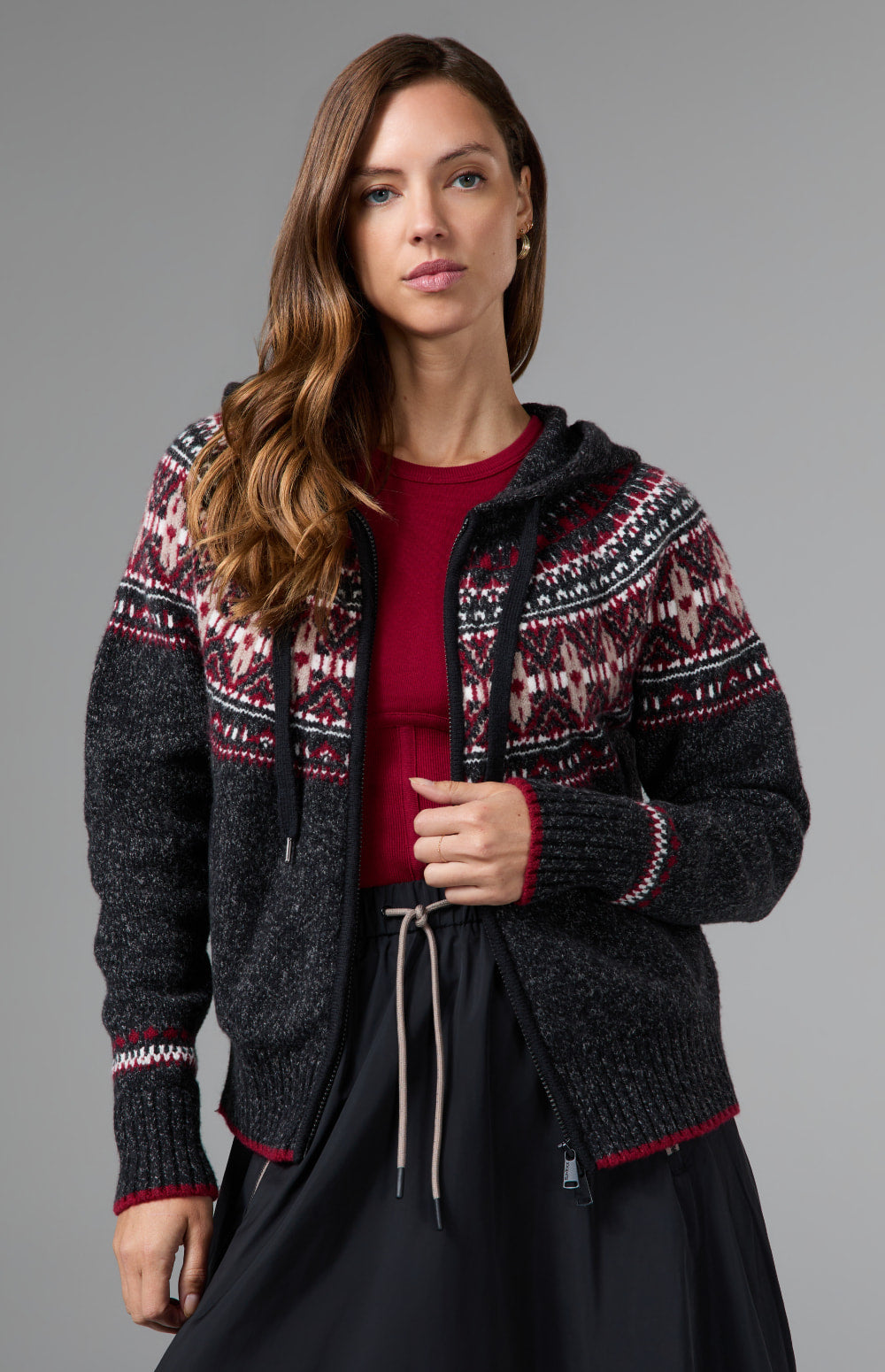 Alp N Rock Alexandra Fair Isle Zip Sweater, black hooded zip sweater for women