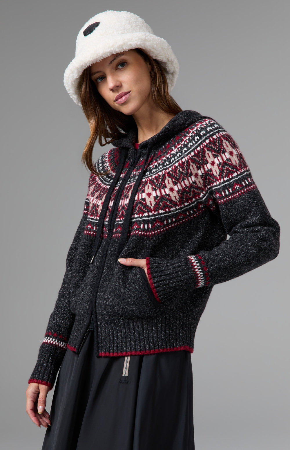 Alp N Rock Alexandra Fair Isle Zip Sweater, black hooded zip sweater for women
