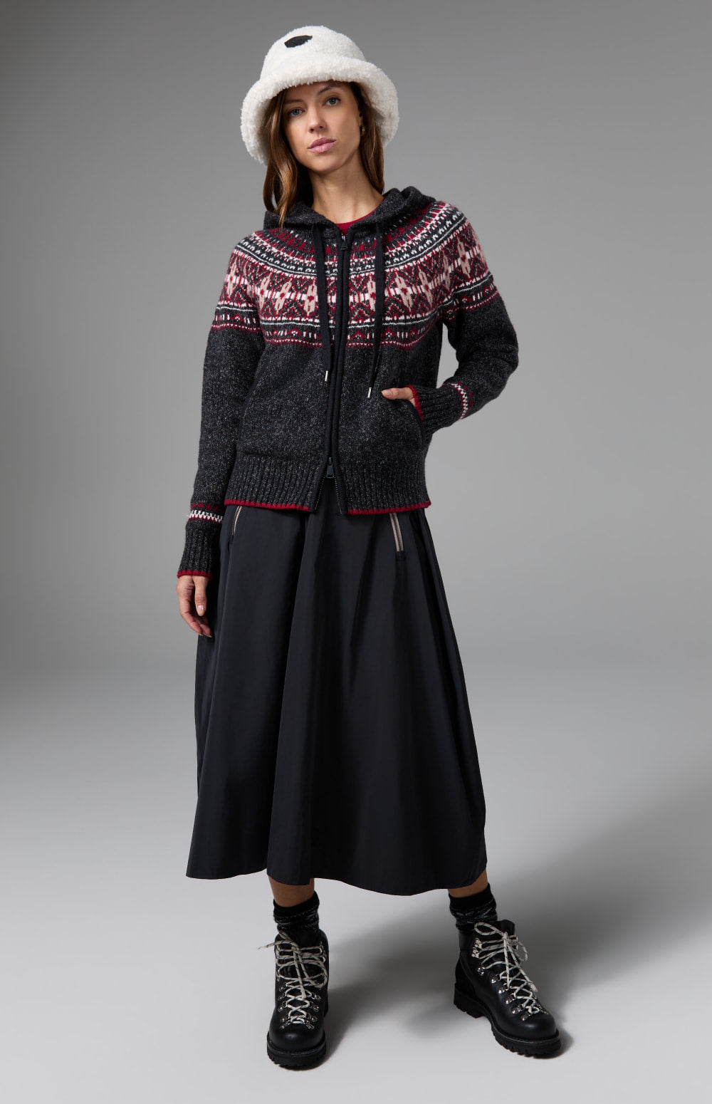 Alp N Rock Alexandra Fair Isle Zip Sweater, black hooded zip sweater for women