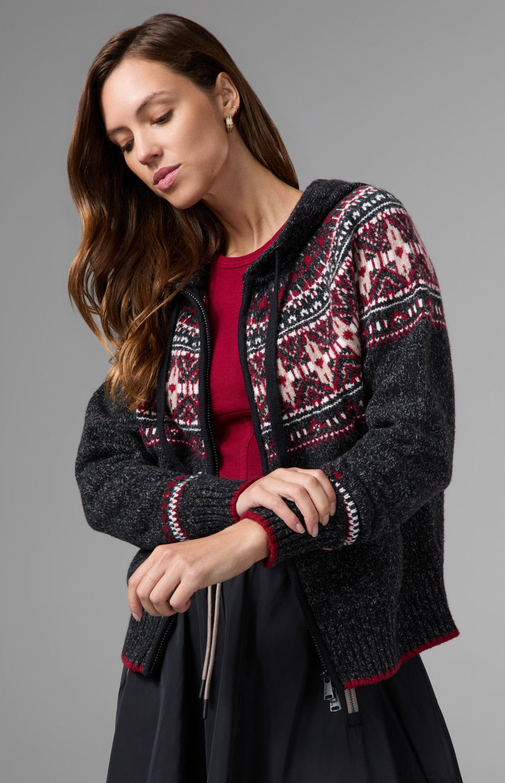 Alp N Rock Alexandra Fair Isle Zip Sweater, black hooded zip sweater for women