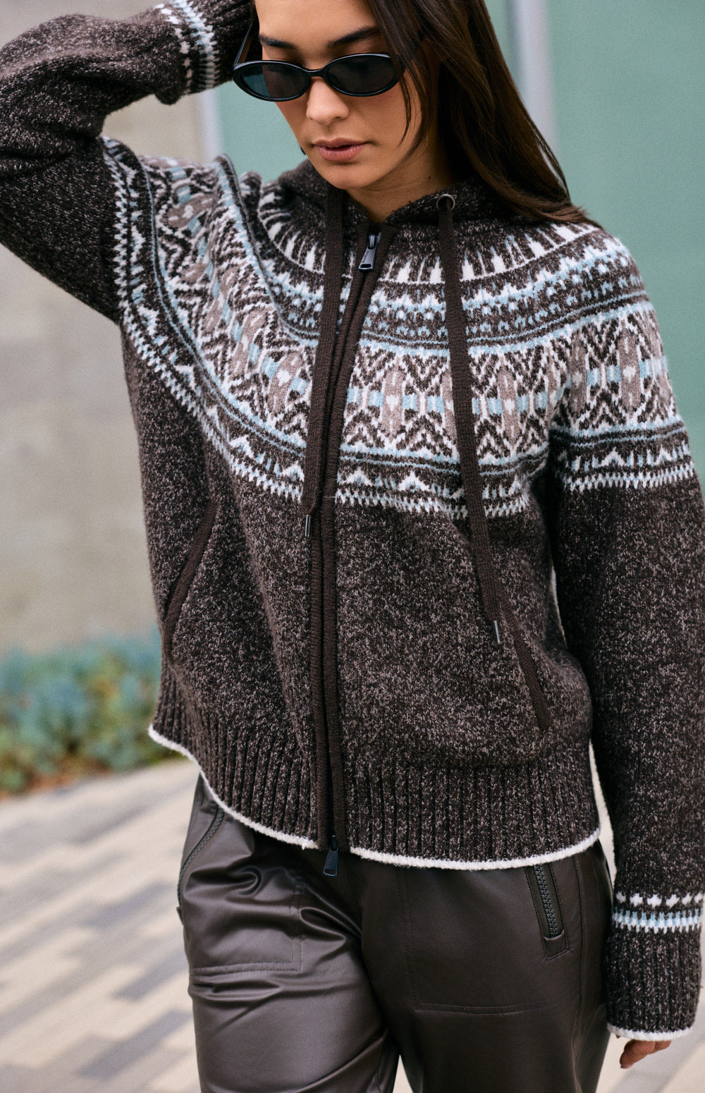 Alp N Rock Alexandra Fair Isle Zip Sweater, dark brown hooded zip sweater for women