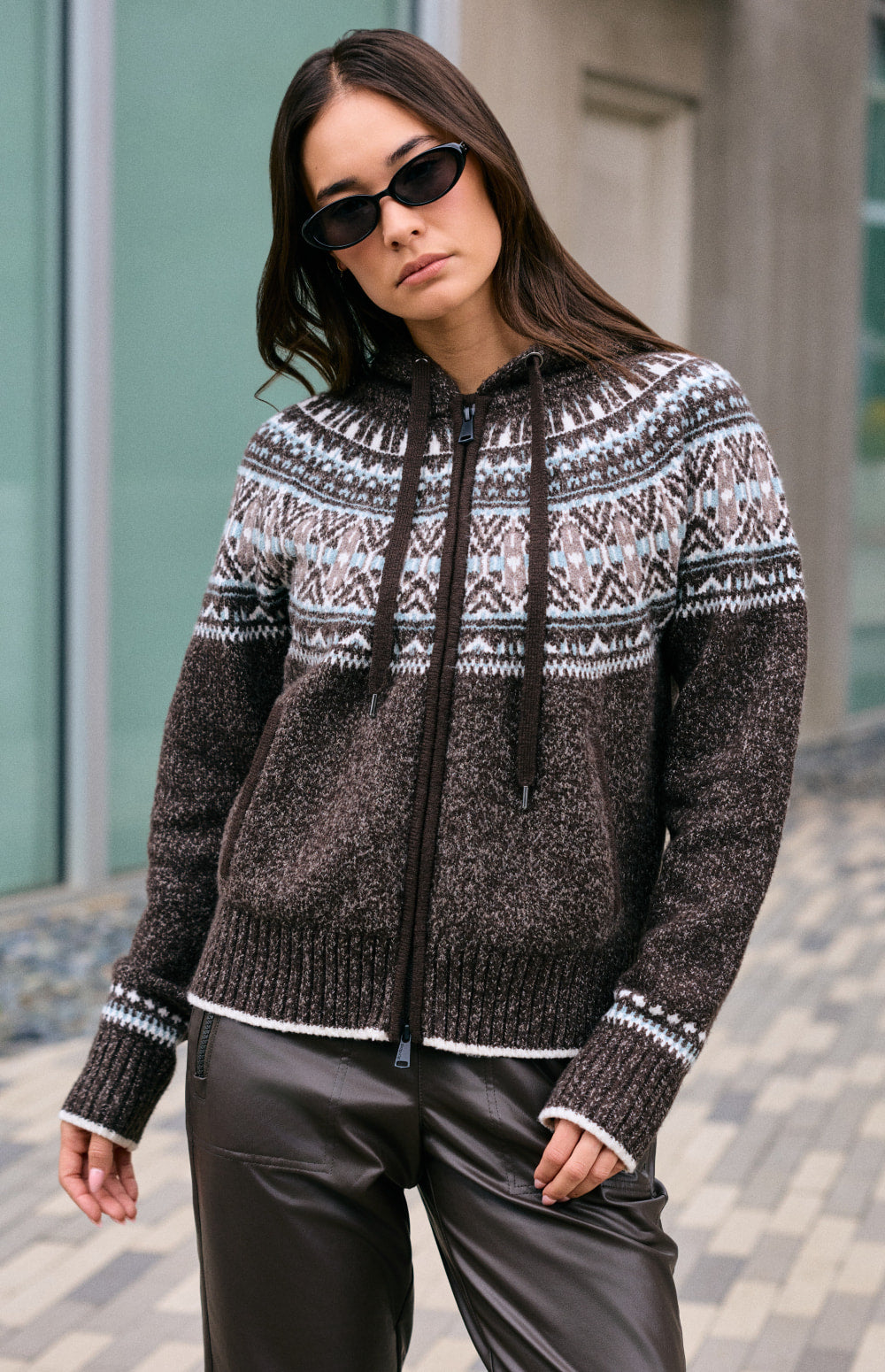 Alp N Rock Alexandra Fair Isle Zip Sweater, dark brown hooded zip sweater for women