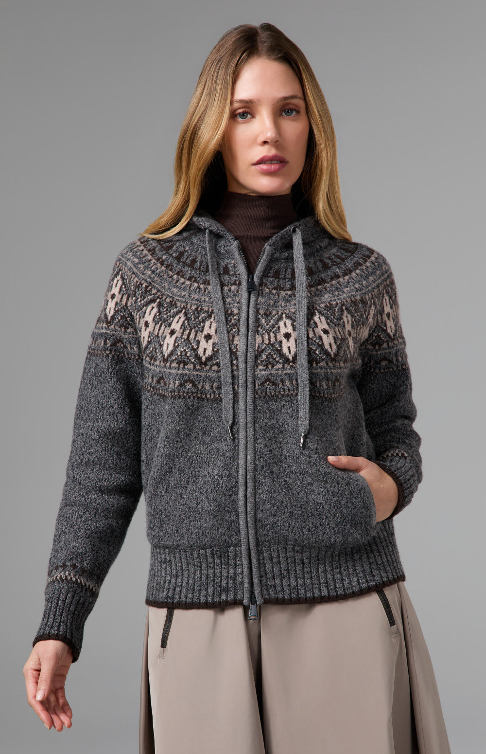 Alp N Rock Alexandra Fair Isle Zip Sweater, heather grey hooded zip sweater for women